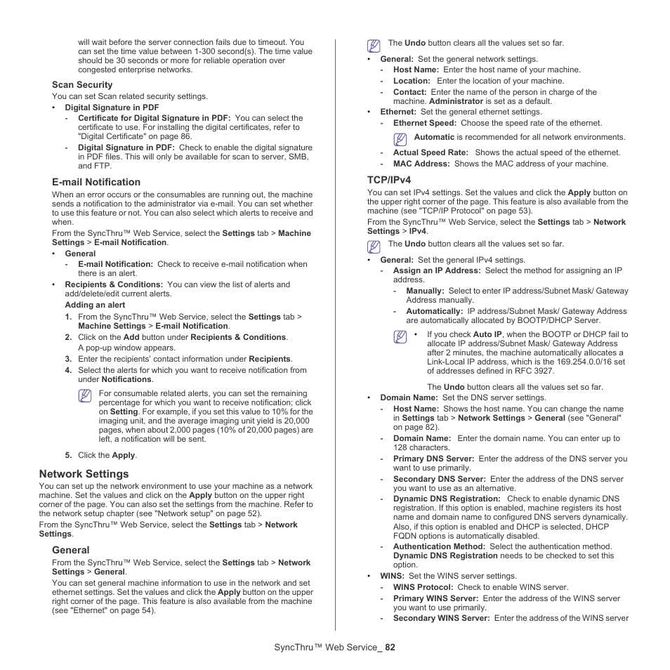 Network settings | Samsung CLX-9250ND-XAA User Manual | Page 82 / 129