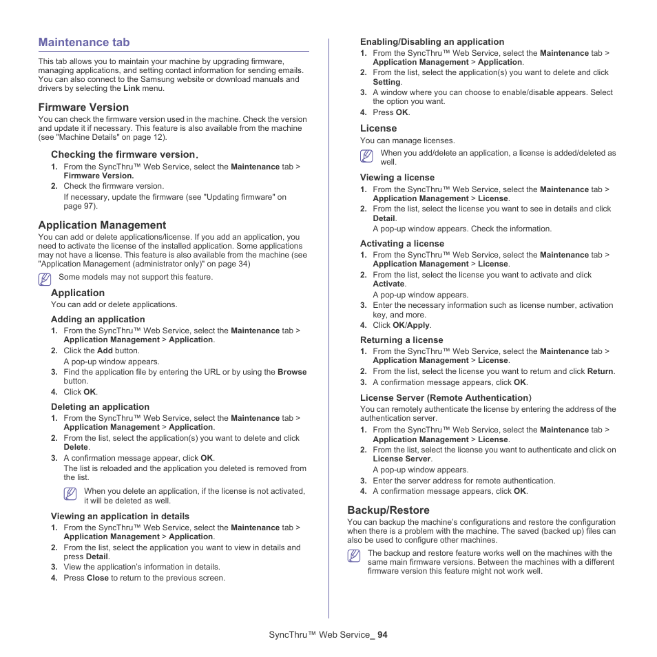 Maintenance tab, Firmware version, Application management | Backup/restore | Samsung CLX-9250ND-XAA User Manual | Page 94 / 129