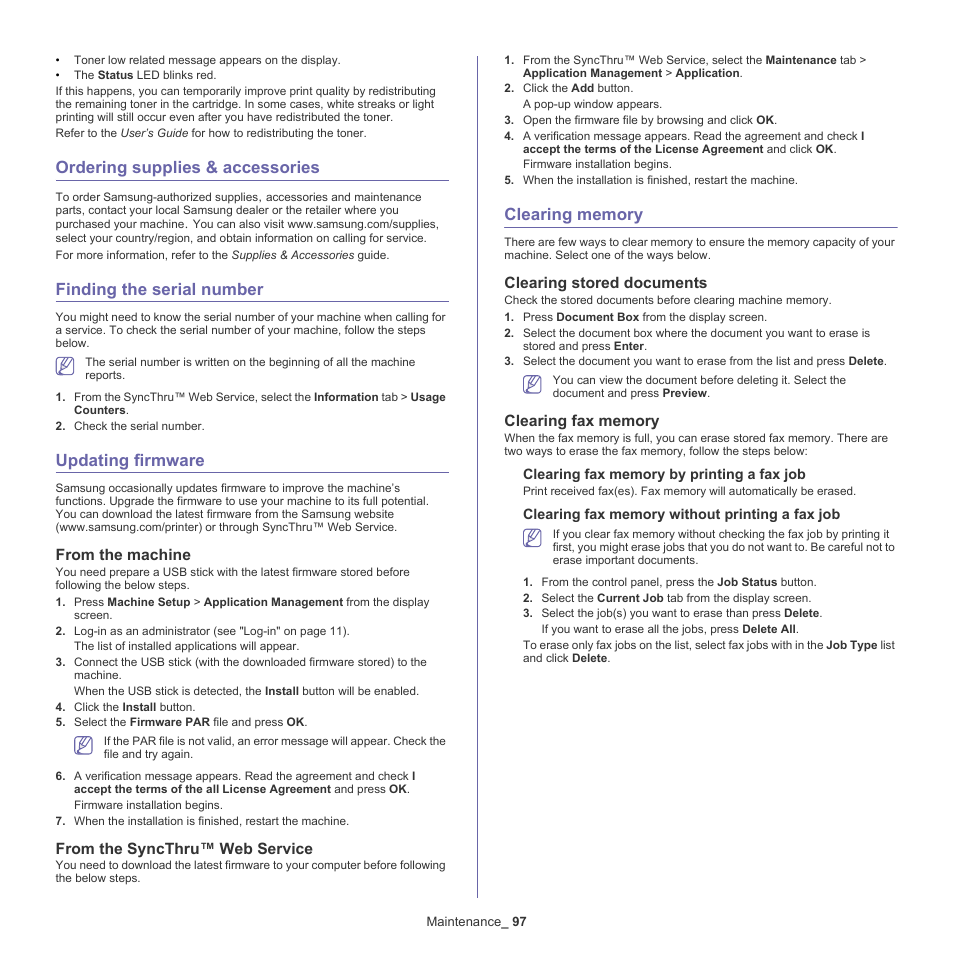 Ordering supplies & accessories, Finding the serial number, Updating firmware | From the machine, From the syncthru™ web service, Clearing memory, Clearing stored documents, Clearing fax memory, Updating firmware" on | Samsung CLX-9250ND-XAA User Manual | Page 97 / 129