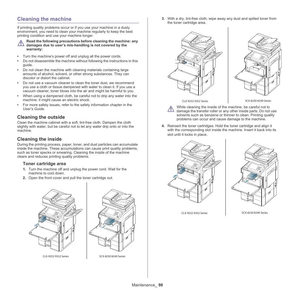 Cleaning the machine, Cleaning the outside, Cleaning the inside | Samsung CLX-9250ND-XAA User Manual | Page 98 / 129