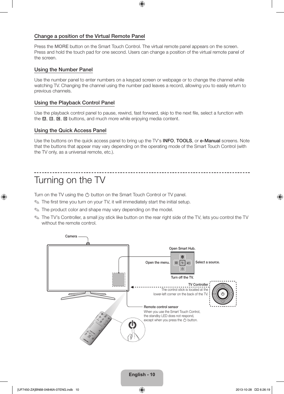 Turning on the tv | Samsung UN55F7450AFXZA User Manual | Page 10 / 34
