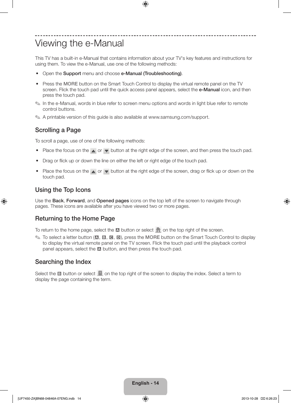 Viewing the e-manual, Scrolling a page, Using the top icons | Returning to the home page, Searching the index | Samsung UN55F7450AFXZA User Manual | Page 14 / 34