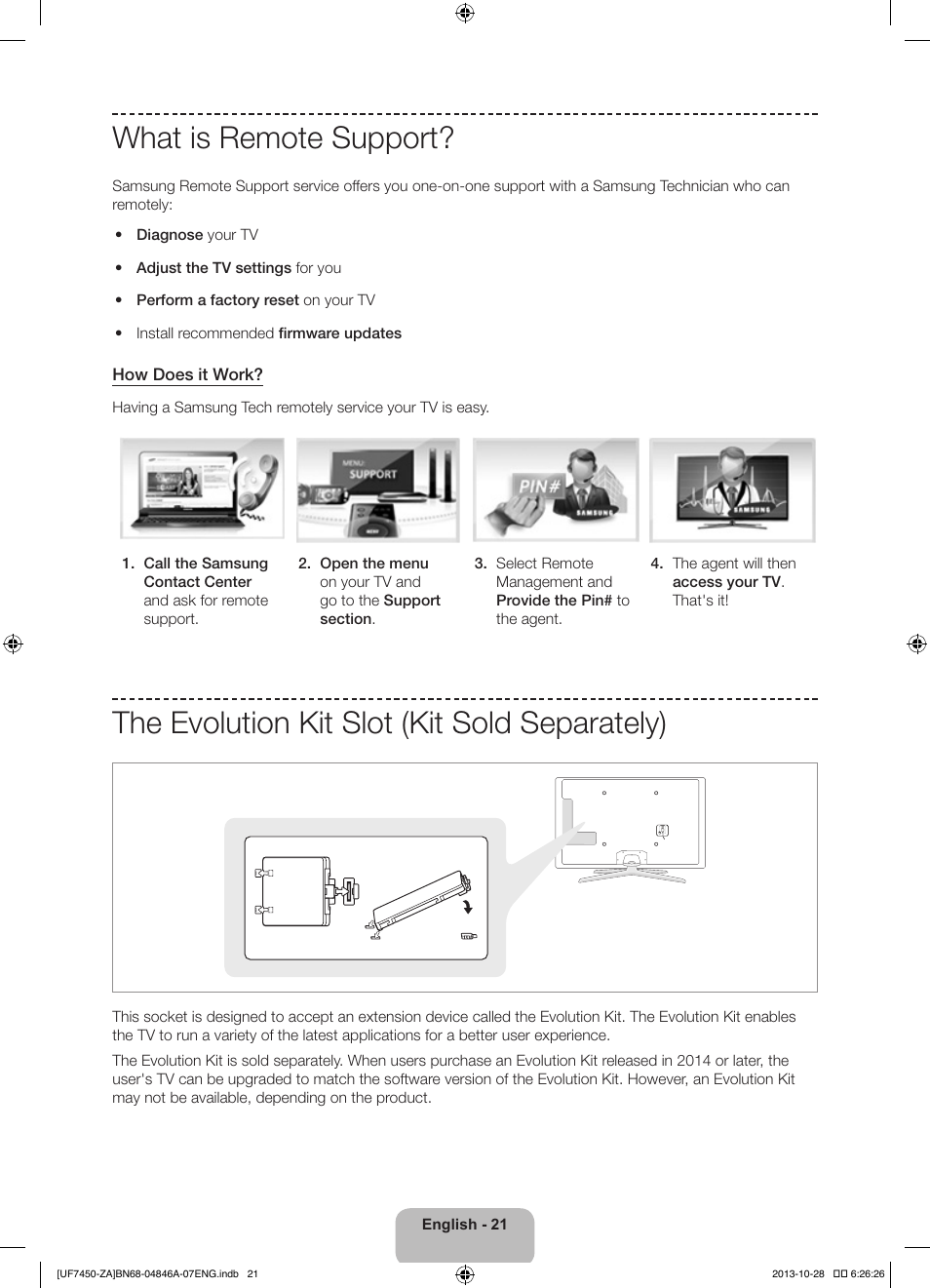 What is remote support, The evolution kit slot (kit sold separately) | Samsung UN55F7450AFXZA User Manual | Page 21 / 34