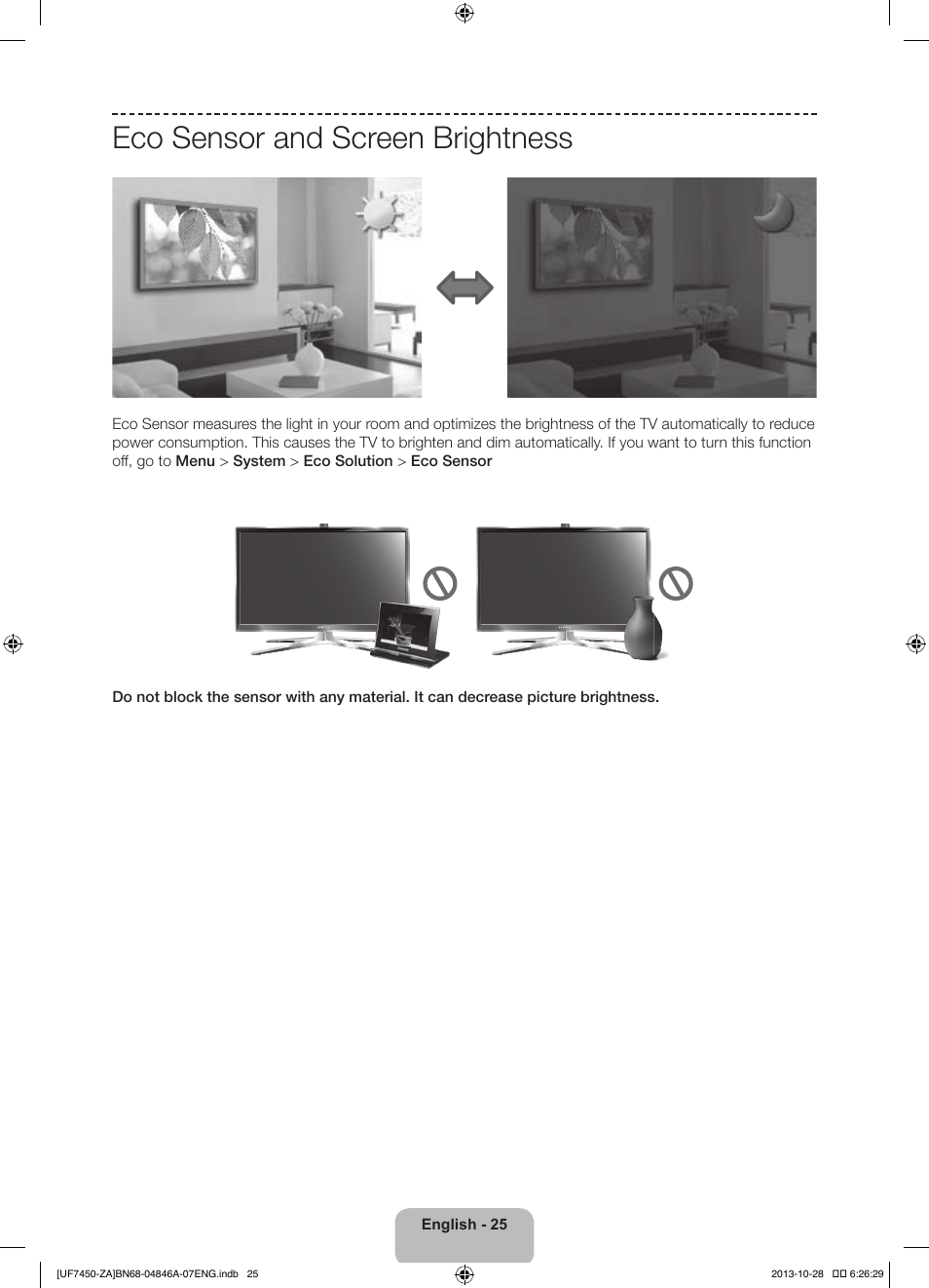 Eco sensor and screen brightness | Samsung UN55F7450AFXZA User Manual | Page 25 / 34