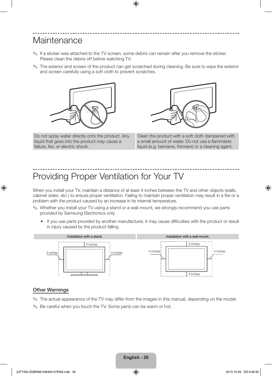 Maintenance, Providing proper ventilation for your tv | Samsung UN55F7450AFXZA User Manual | Page 26 / 34