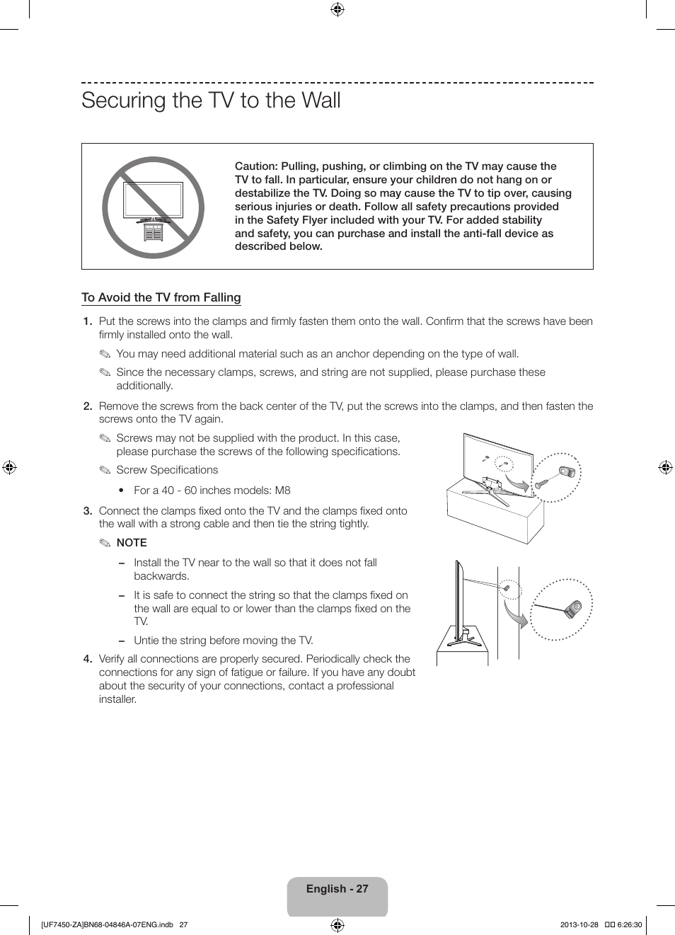Securing the tv to the wall | Samsung UN55F7450AFXZA User Manual | Page 27 / 34
