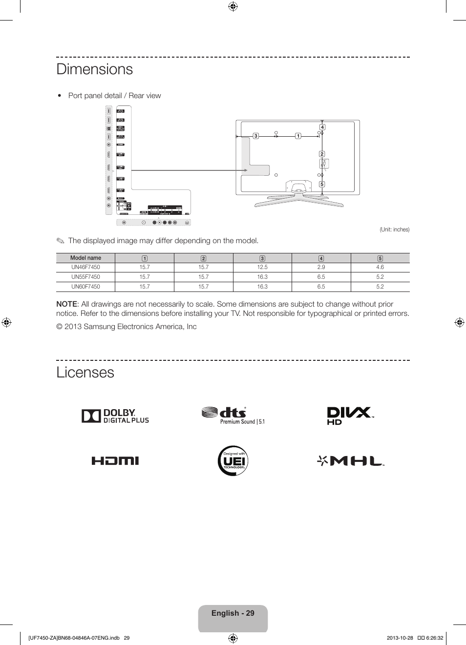 Dimensions, Licenses | Samsung UN55F7450AFXZA User Manual | Page 29 / 34