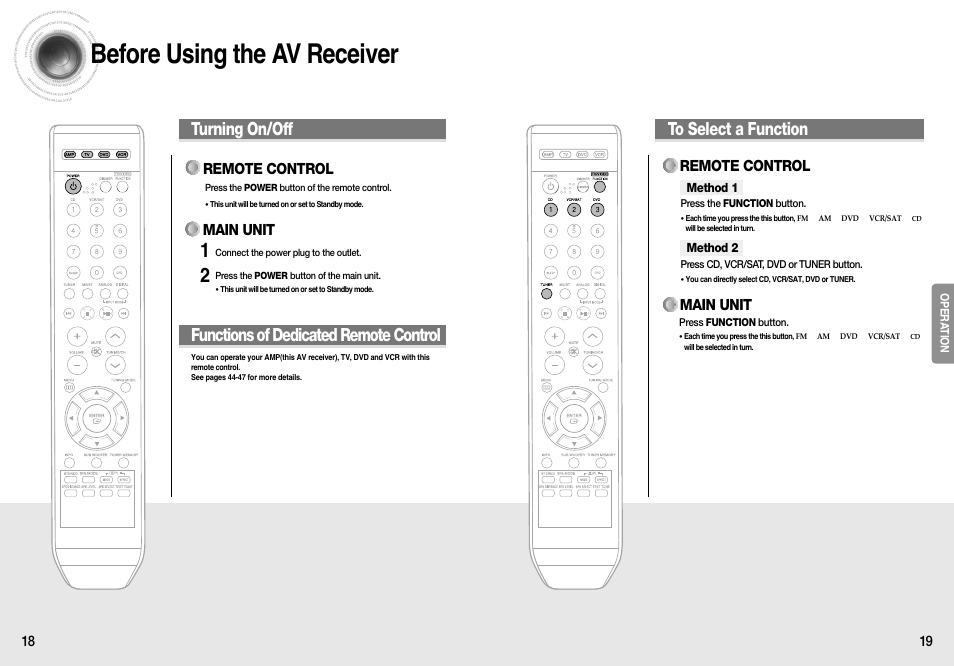 Operation, Before using the av receiver, Functions of dedicated remote control | Turning on/off, Remote control main unit, Main unit remote control | Samsung HT-AS610T-XAA User Manual | Page 10 / 26