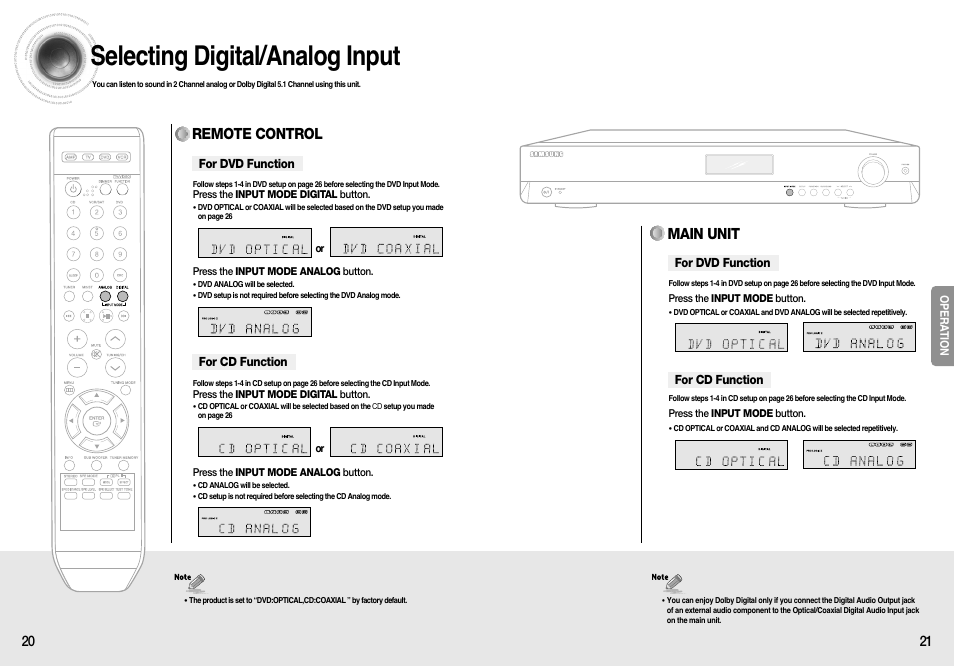 Selecting digital/analog input, Main unit, Remote control | Samsung HT-AS610T-XAA User Manual | Page 11 / 26