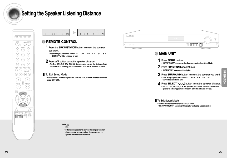 Setting the speaker listening distance, Main unit, Remote control | Samsung HT-AS610T-XAA User Manual | Page 13 / 26