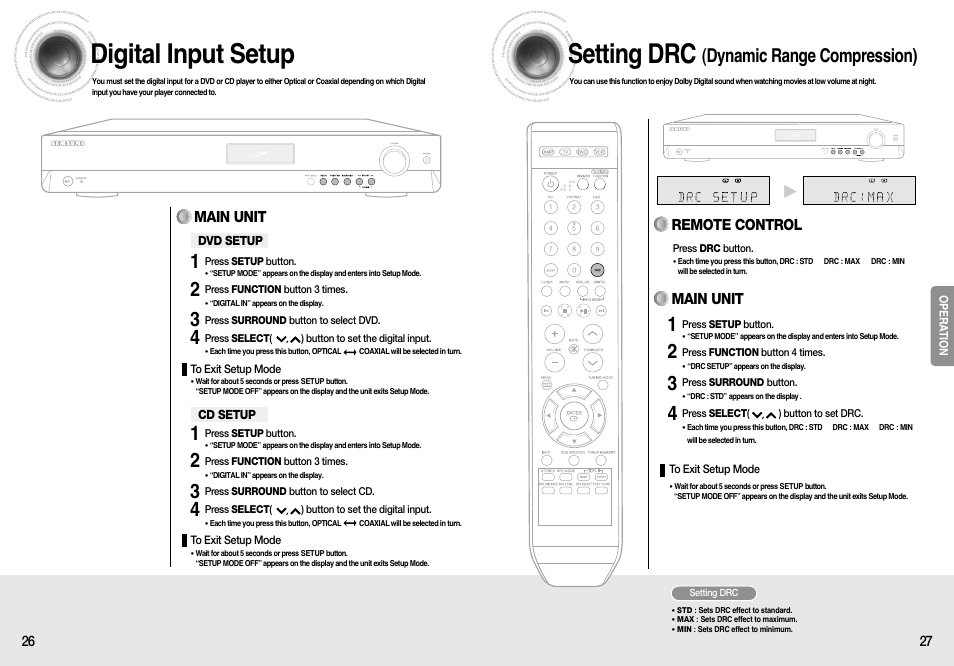 Digital input setup, Setting drc (dynamic range compression), Setting drc | Dynamic range compression), Main unit, Remote control | Samsung HT-AS610T-XAA User Manual | Page 14 / 26