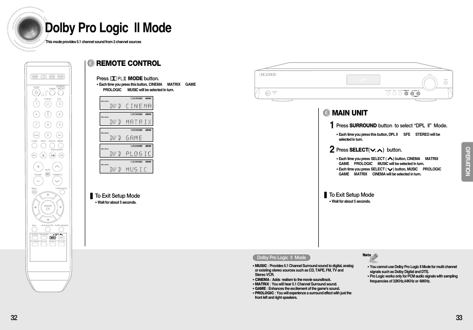 Dolby pro logic ll mode, Main unit, Remote control | Samsung HT-AS610T-XAA User Manual | Page 17 / 26
