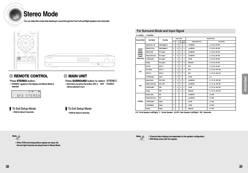 Stereo mode, Remote control main unit, For surround mode and input signal | Opera tion, Press stereo button, Press surround button to select ‘stereo | Samsung HT-AS610T-XAA User Manual | Page 20 / 26