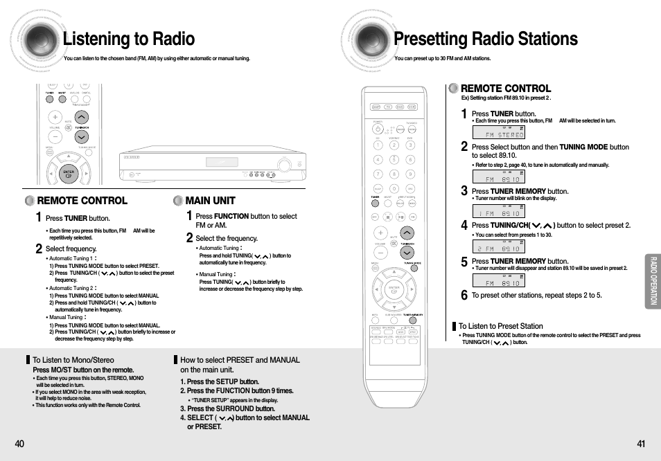 Radio operation, Listening to radio, Presetting radio stations | Remote control, Remote control main unit | Samsung HT-AS610T-XAA User Manual | Page 21 / 26
