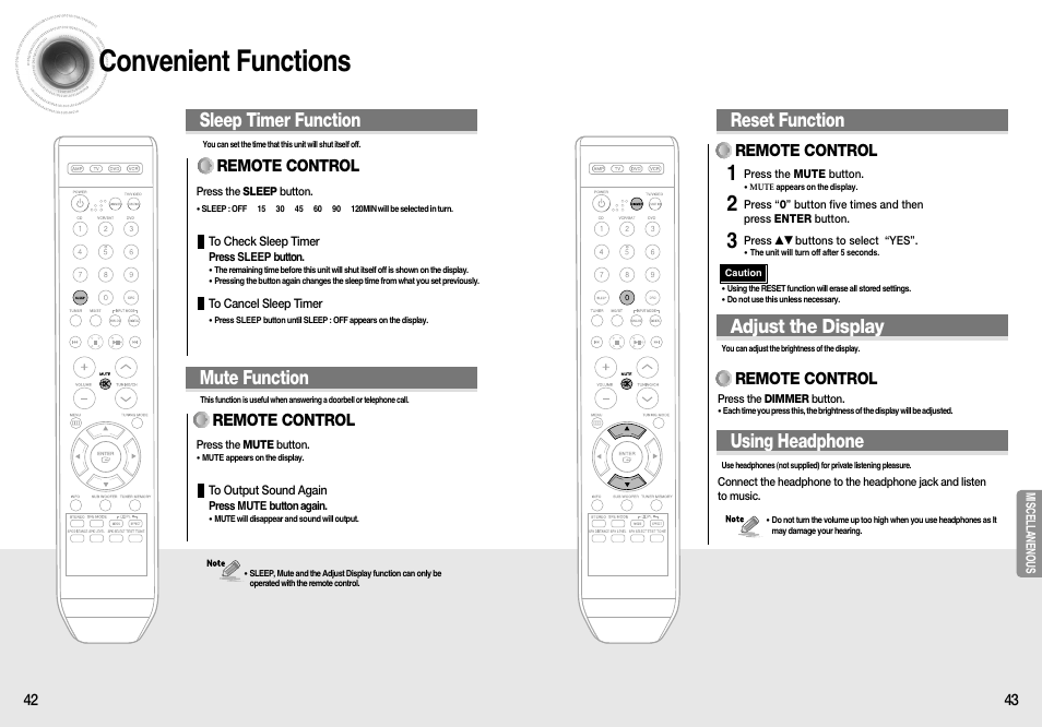 Convenient functions, Reset function using headphone, Adjust the display | Sleep timer function mute function, Remote control | Samsung HT-AS610T-XAA User Manual | Page 22 / 26