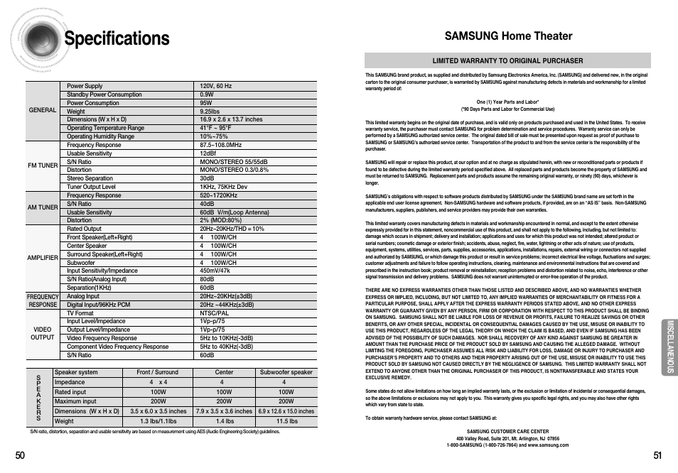 Specifications, Samsung home theater | Samsung HT-AS610T-XAA User Manual | Page 26 / 26