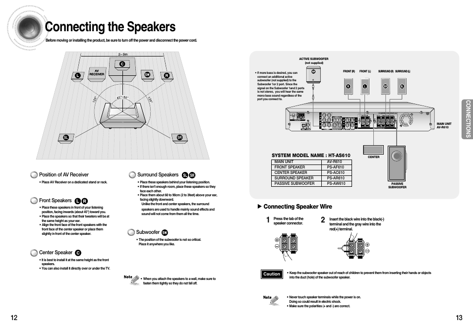 Connections, Connecting the speakers, Connecting speaker wire | Samsung HT-AS610T-XAA User Manual | Page 7 / 26