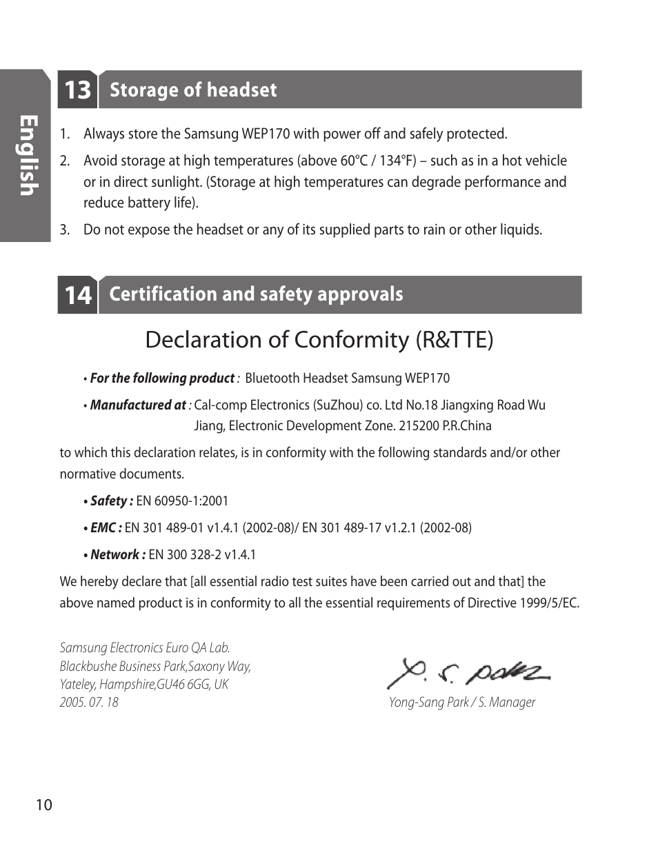 En g lis h, Declaration of conformity (r&tte), Storage of headset | Certification and safety approvals | Samsung WEP170JBEG-XAR User Manual | Page 12 / 58