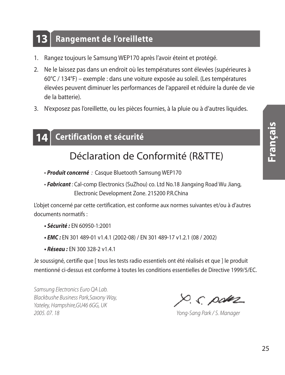 Fr an ça is, Déclaration de conformité (r&tte), Rangement de l’oreillette | Certification et sécurité | Samsung WEP170JBEG-XAR User Manual | Page 27 / 58