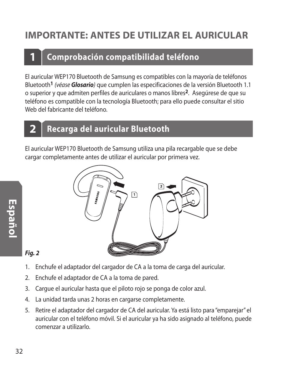 Es p añ o l, Importante: antes de utilizar el auricular | Samsung WEP170JBEG-XAR User Manual | Page 34 / 58