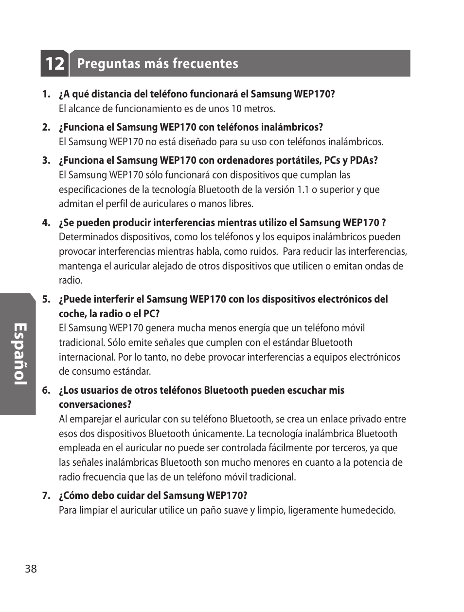 Es p añ o l | Samsung WEP170JBEG-XAR User Manual | Page 40 / 58