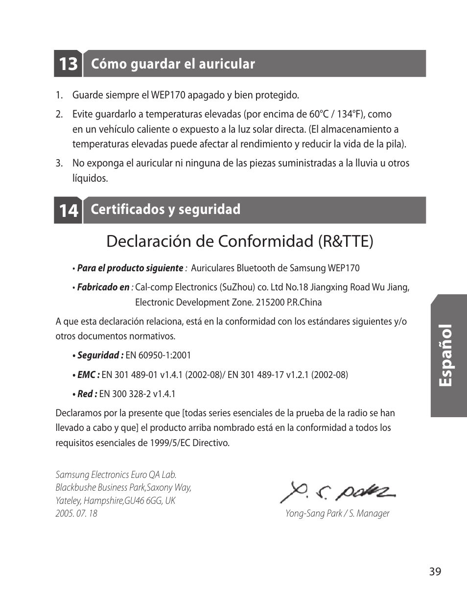 Es p añ o l, Declaración de conformidad (r&tte) | Samsung WEP170JBEG-XAR User Manual | Page 41 / 58