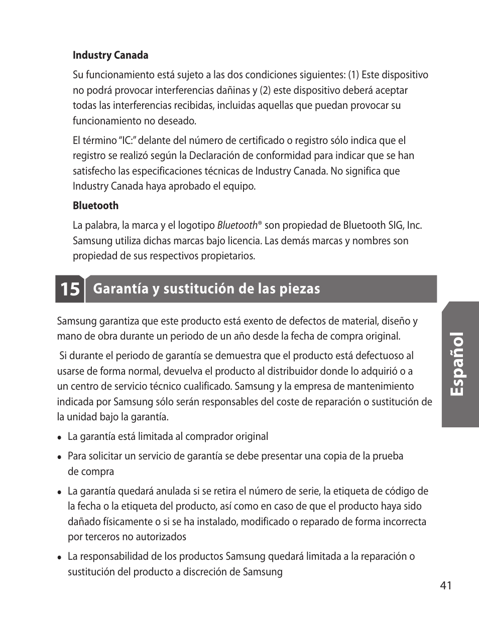 Es p añ o l | Samsung WEP170JBEG-XAR User Manual | Page 43 / 58