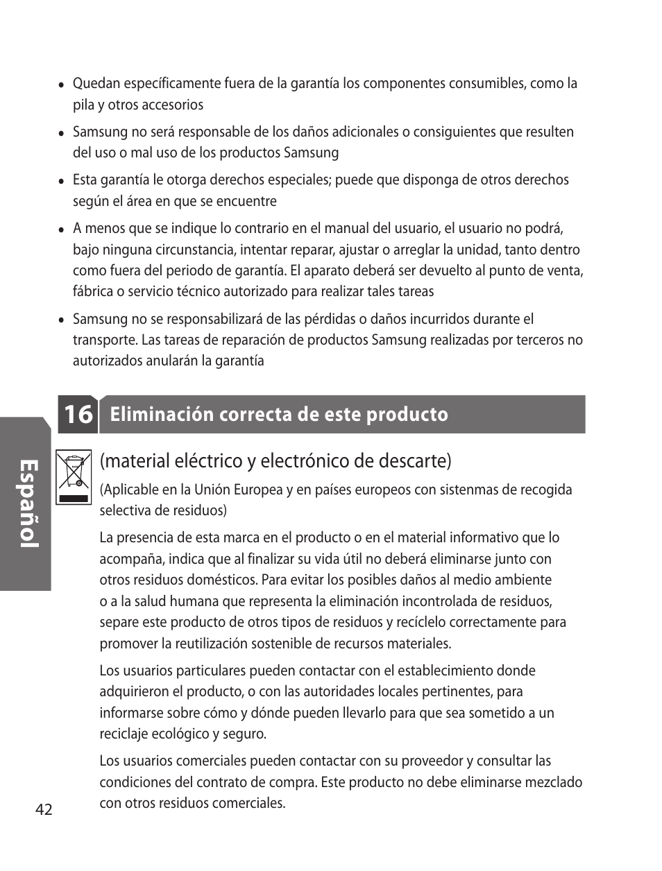 Es p añ o l | Samsung WEP170JBEG-XAR User Manual | Page 44 / 58