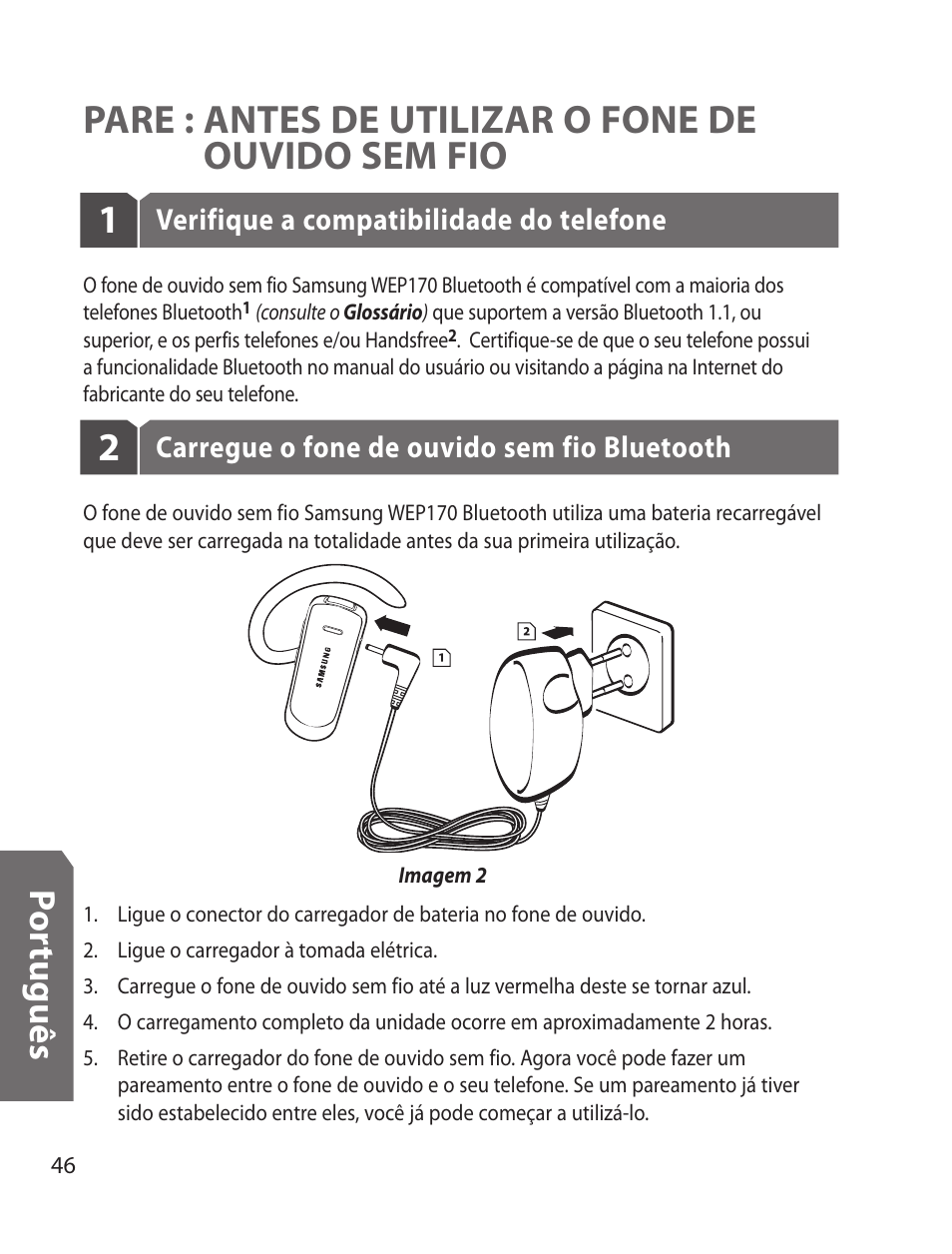 Pare : antes de utilizar o fone de ouvido sem fio | Samsung WEP170JBEG-XAR User Manual | Page 48 / 58