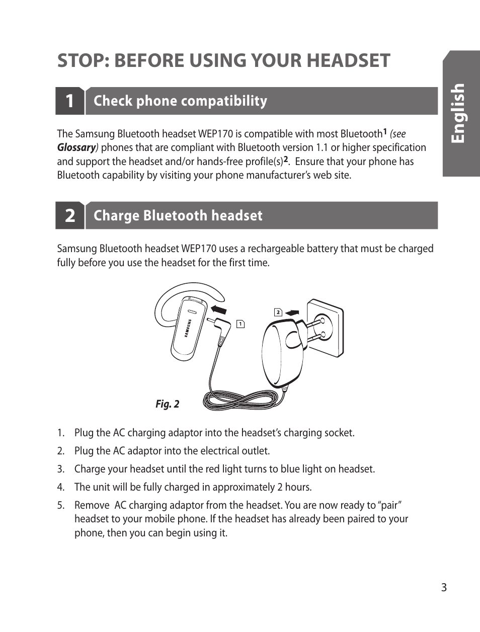 Stop: before using your headset, En g lis h | Samsung WEP170JBEG-XAR User Manual | Page 5 / 58