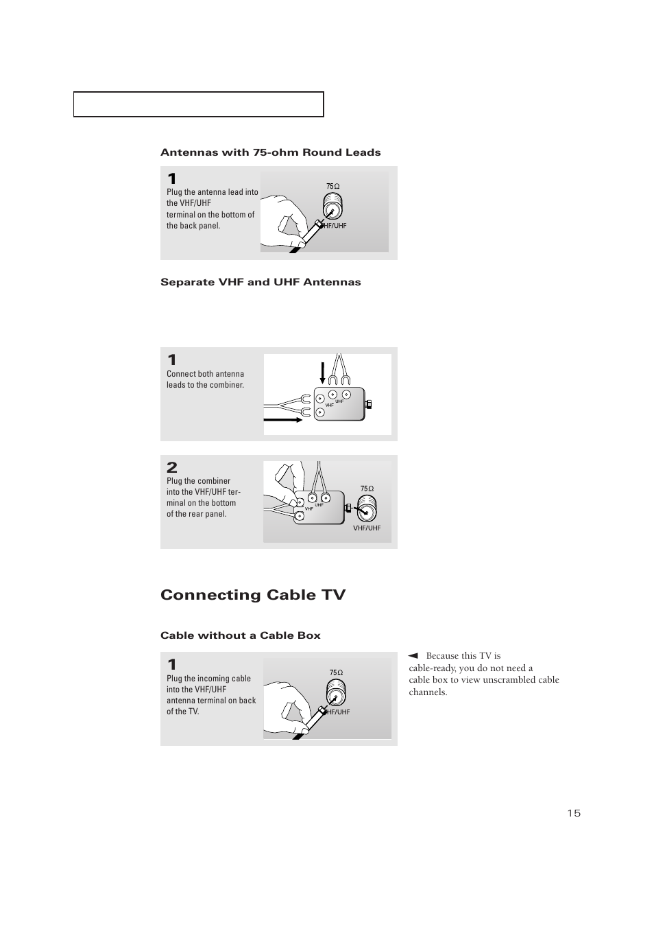 Connecting cable tv | Samsung TXP3271HX-XAA User Manual | Page 15 / 79