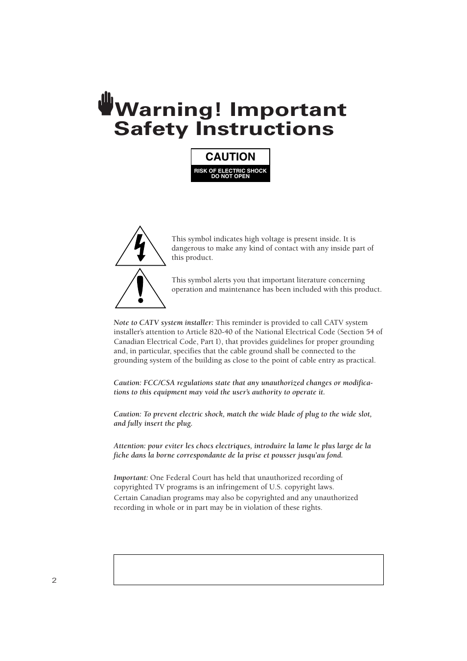 Safety instructions, Warning! important safety instructions | Samsung TXP3271HX-XAA User Manual | Page 2 / 79