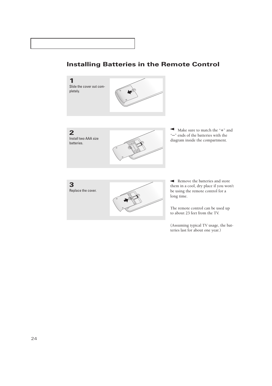 Installing batteries in the remote control | Samsung TXP3271HX-XAA User Manual | Page 24 / 79