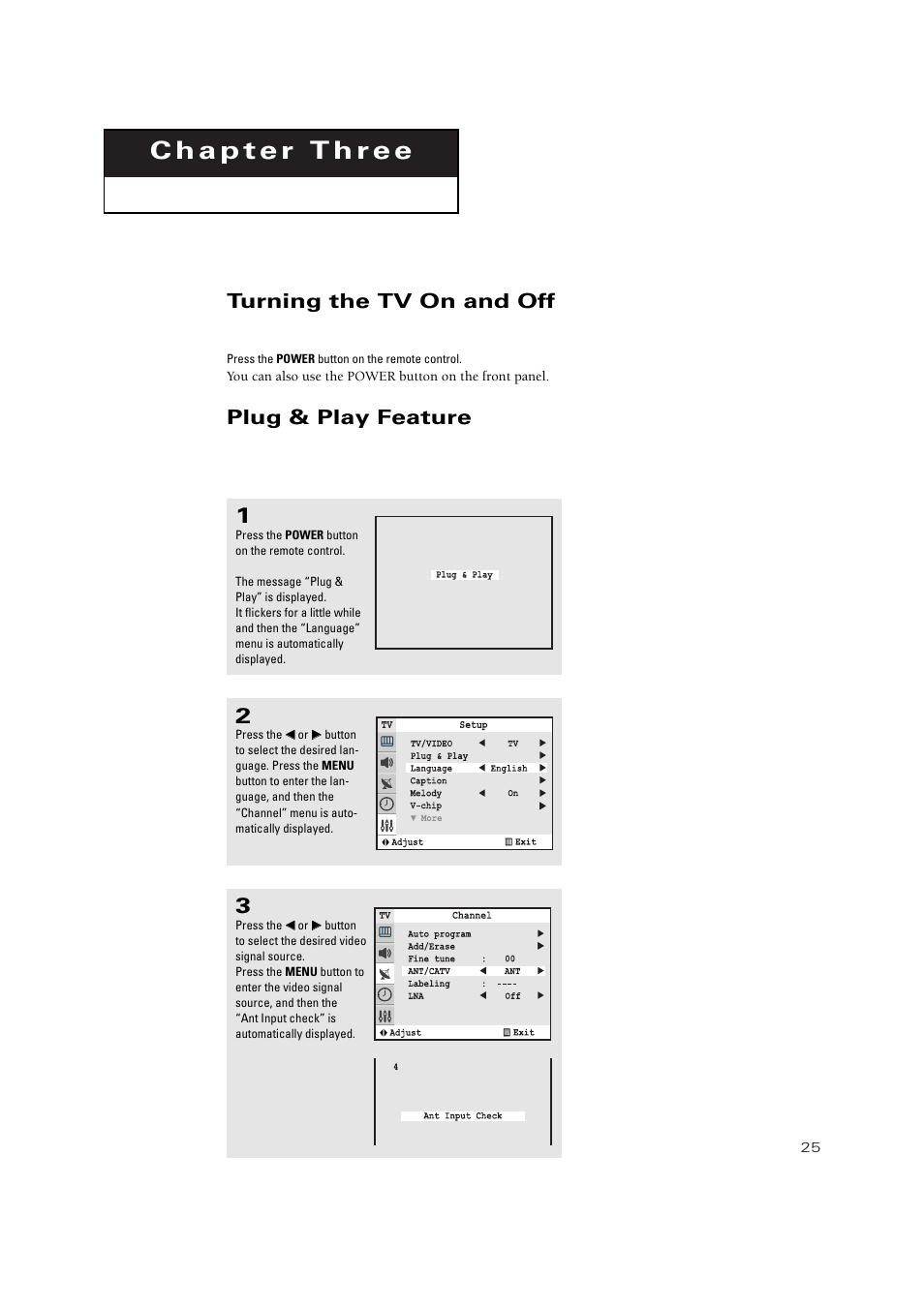 Turning the tv on and off, Plug & play feature | Samsung TXP3271HX-XAA User Manual | Page 25 / 79