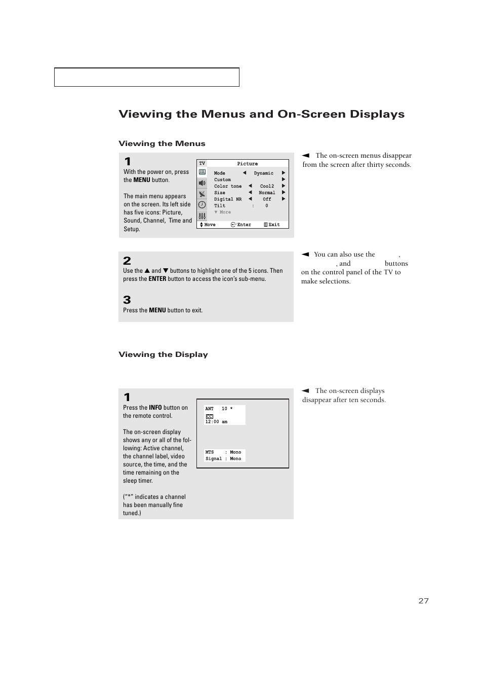 Viewing the menus and on-screen displays | Samsung TXP3271HX-XAA User Manual | Page 27 / 79