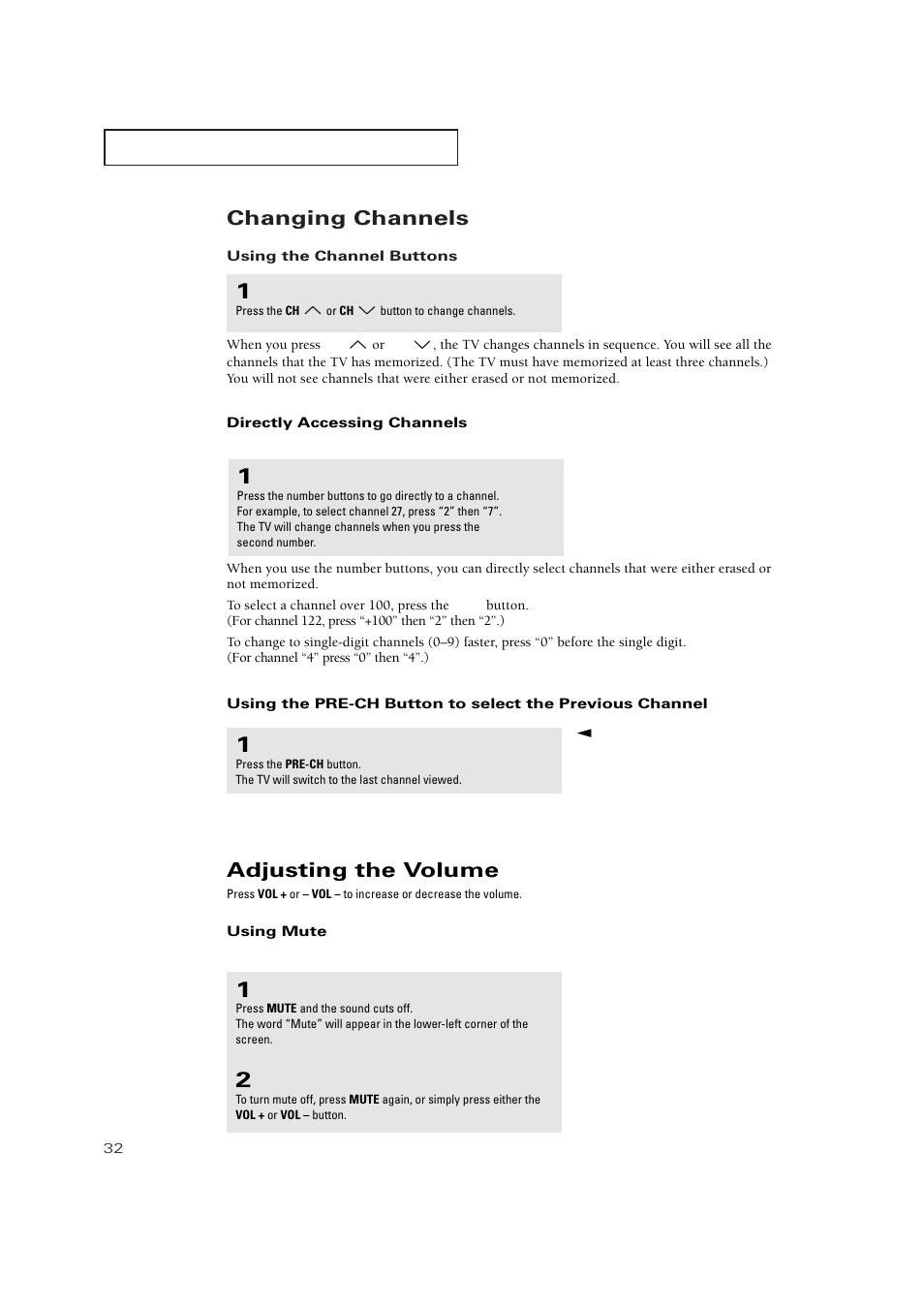 Changing channels, Adjusting the volume | Samsung TXP3271HX-XAA User Manual | Page 32 / 79