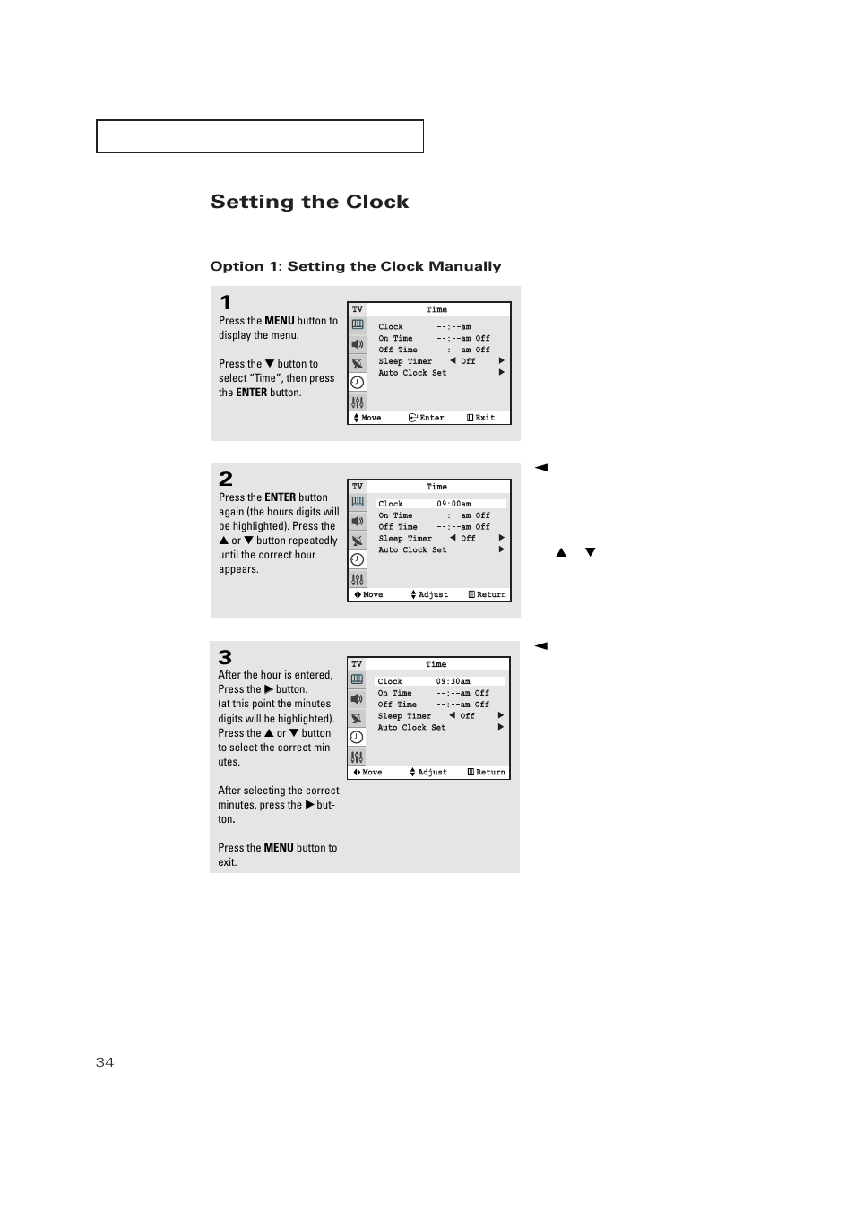 Setting the clock | Samsung TXP3271HX-XAA User Manual | Page 34 / 79