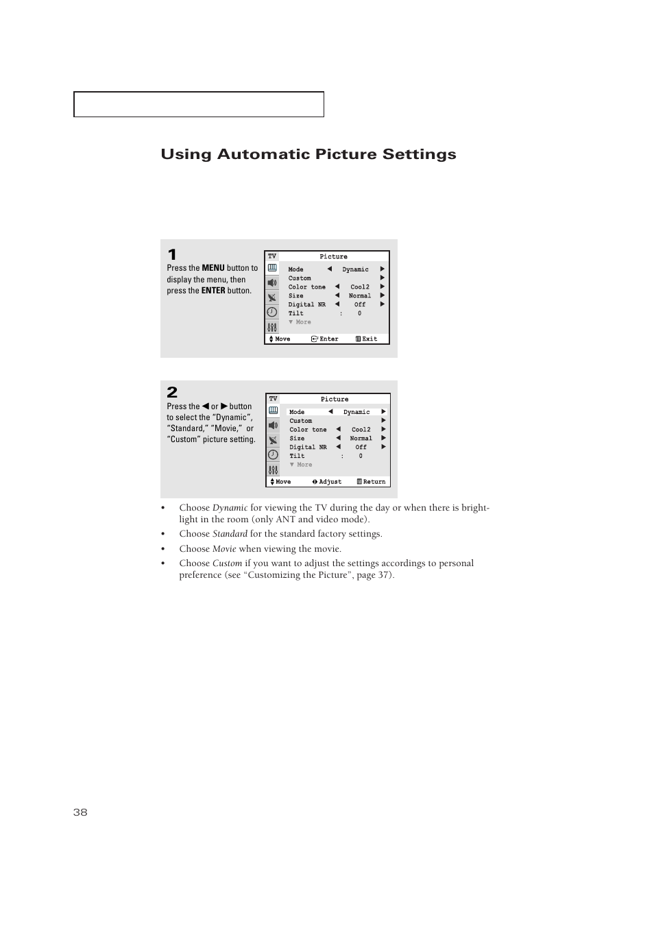 Using automatic picture settings | Samsung TXP3271HX-XAA User Manual | Page 38 / 79