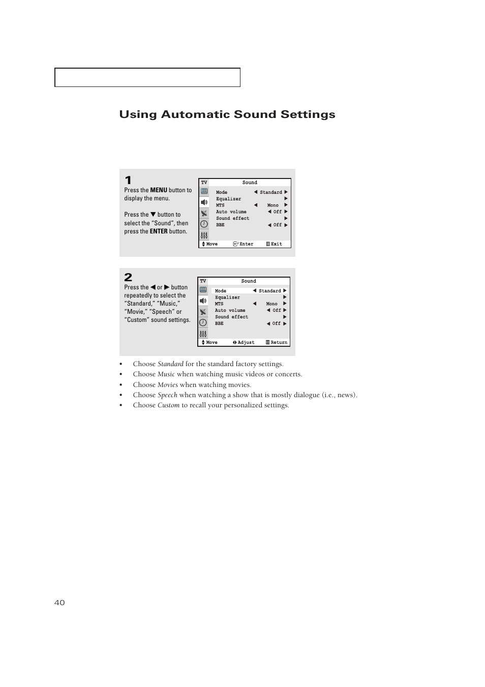 Using automatic sound settings | Samsung TXP3271HX-XAA User Manual | Page 40 / 79