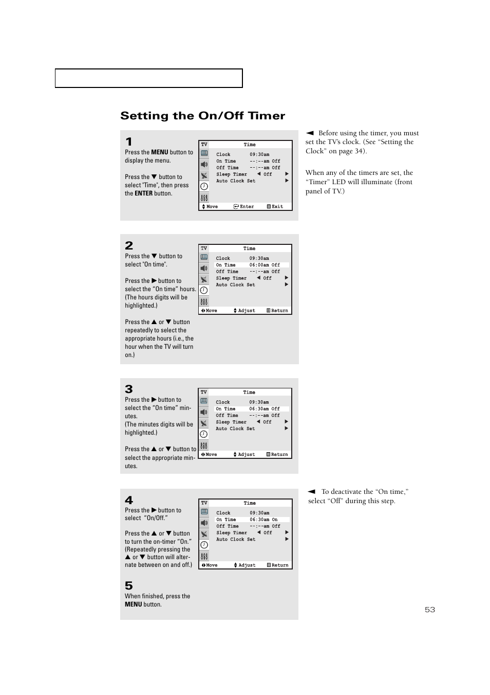 Setting the on/off timer | Samsung TXP3271HX-XAA User Manual | Page 53 / 79