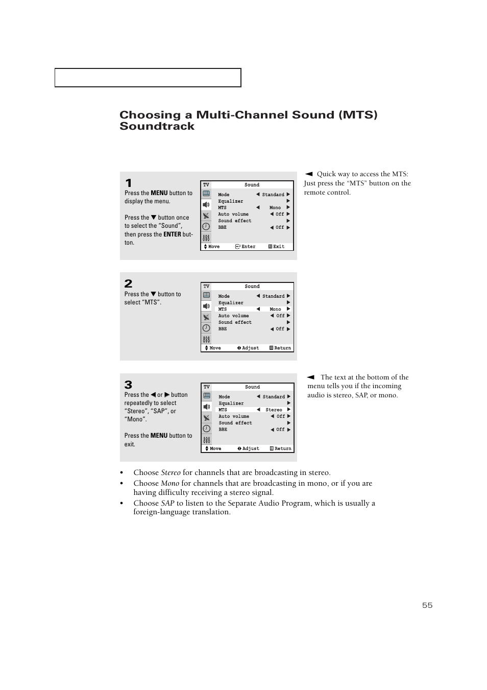 Choosing a multi-channel sound (mts) soundtrack | Samsung TXP3271HX-XAA User Manual | Page 55 / 79
