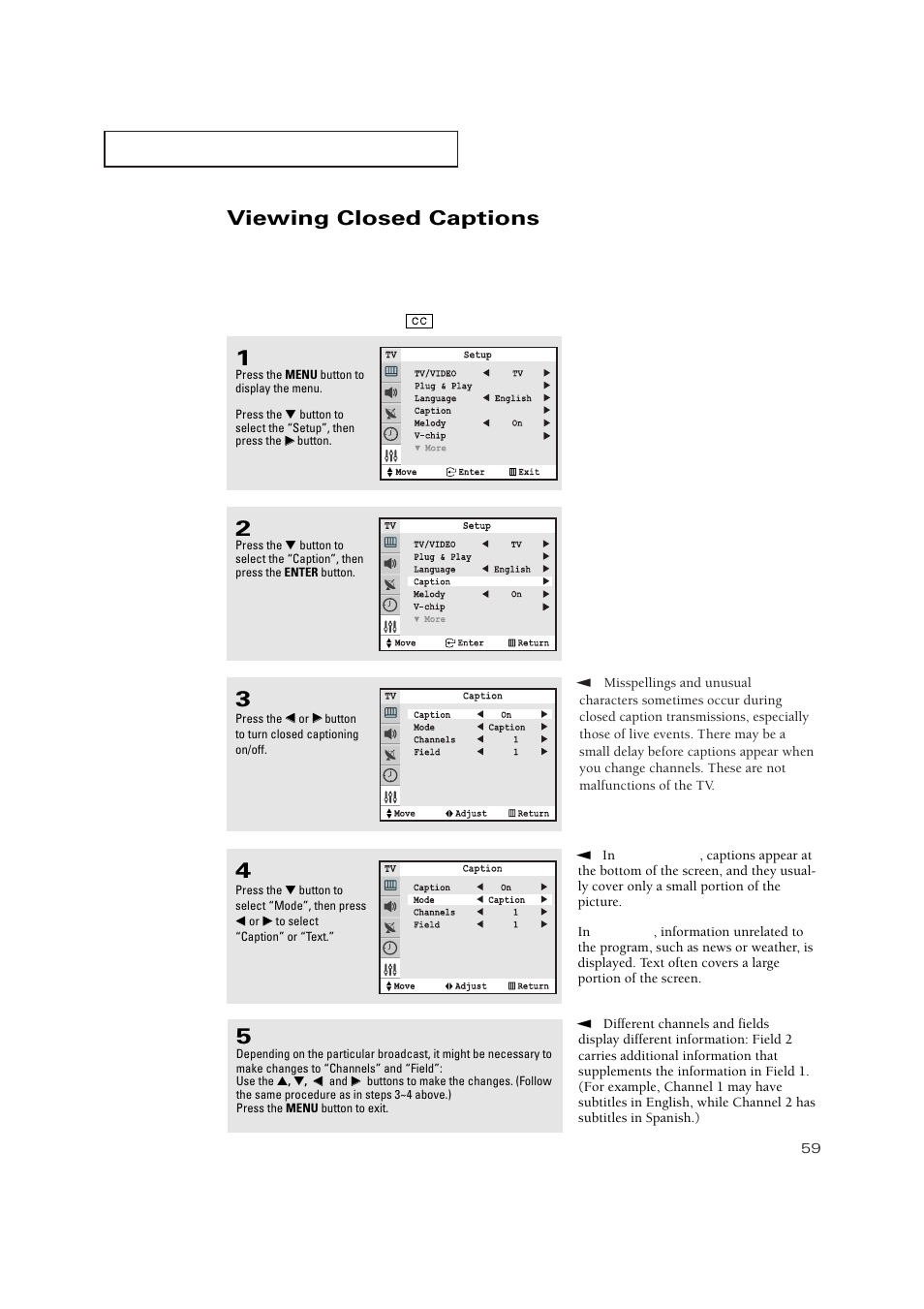 Viewing closed captions | Samsung TXP3271HX-XAA User Manual | Page 59 / 79