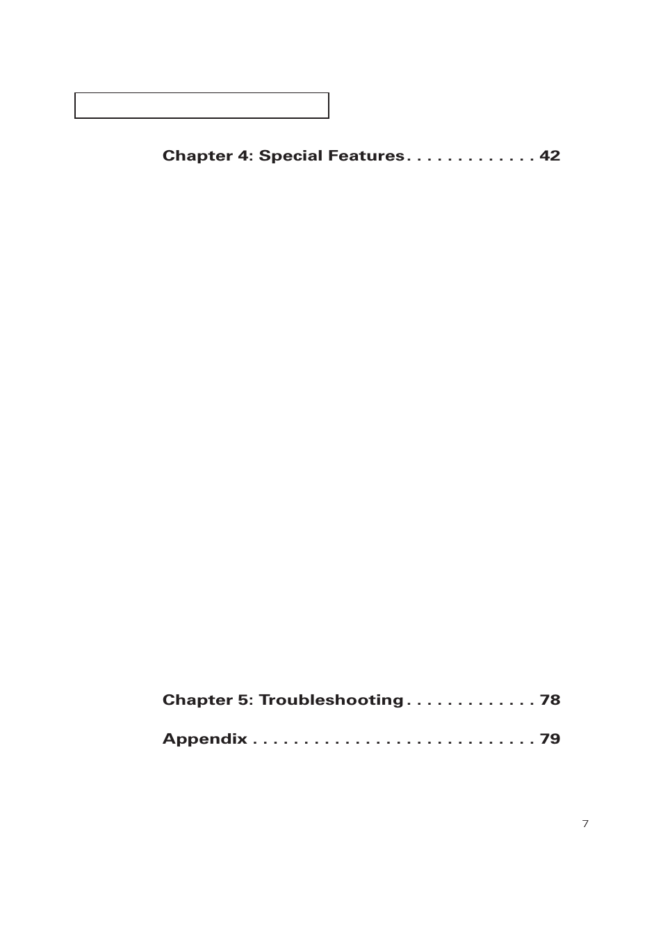 Chapter 4: special features, Chapter 5: troubleshooting, Appendix | Samsung TXP3271HX-XAA User Manual | Page 7 / 79