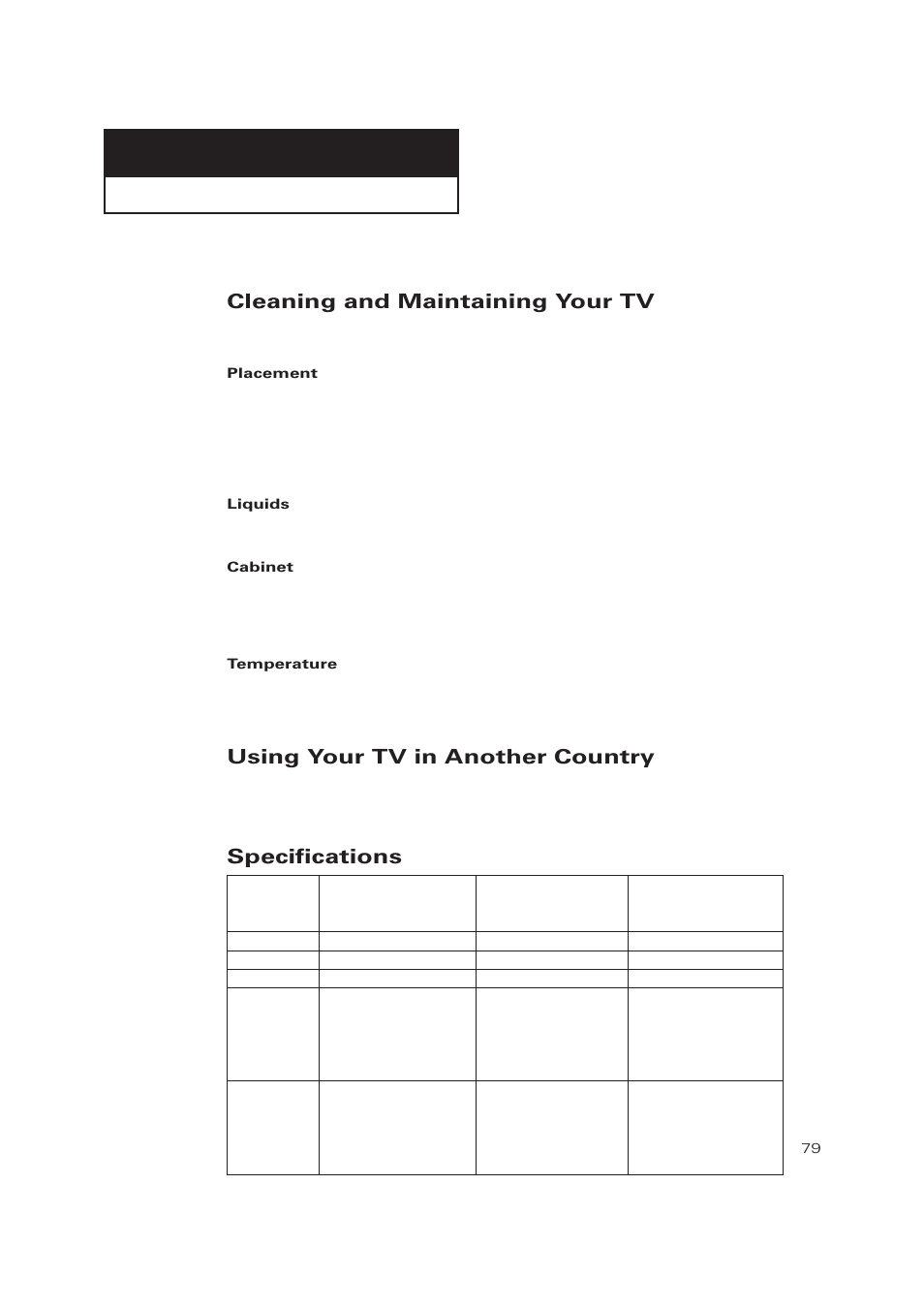 Cleaning and maintaining your tv, Using your tv in another country, Specifications | Samsung TXP3271HX-XAA User Manual | Page 79 / 79