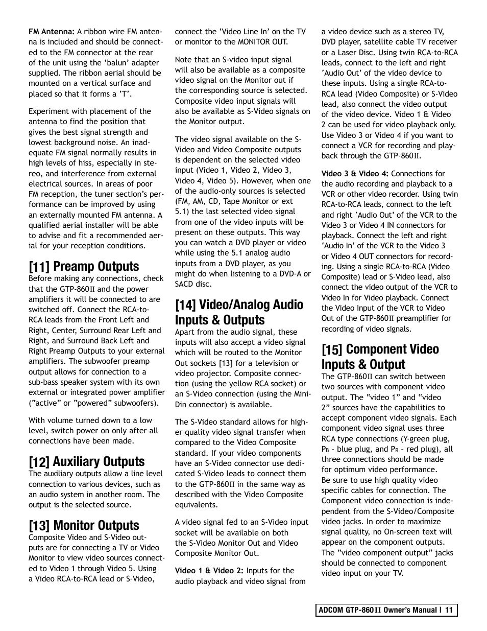 11] preamp outputs, 12] auxiliary outputs, 13] monitor outputs | 14] video/analog audio inputs & outputs, 15] component video inputs & output | Adcom GTP-860II User Manual | Page 11 / 32