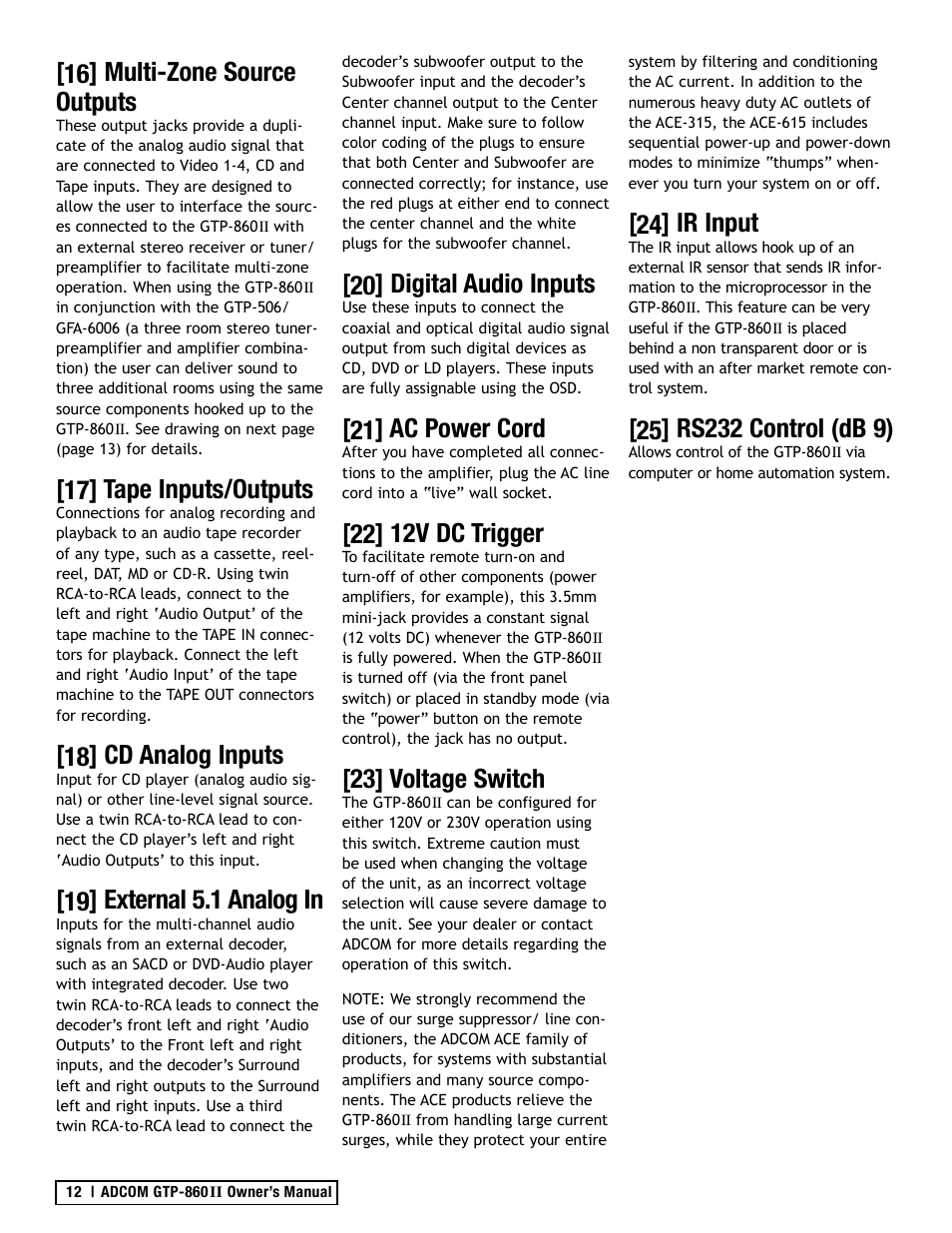 16] multi-zone source outputs, 17] tape inputs/outputs, 18] cd analog inputs | 19] external 5.1 analog in, 20] digital audio inputs, 21] ac power cord, 22] 12v dc trigger, 23] voltage switch, 24] ir input | Adcom GTP-860II User Manual | Page 12 / 32