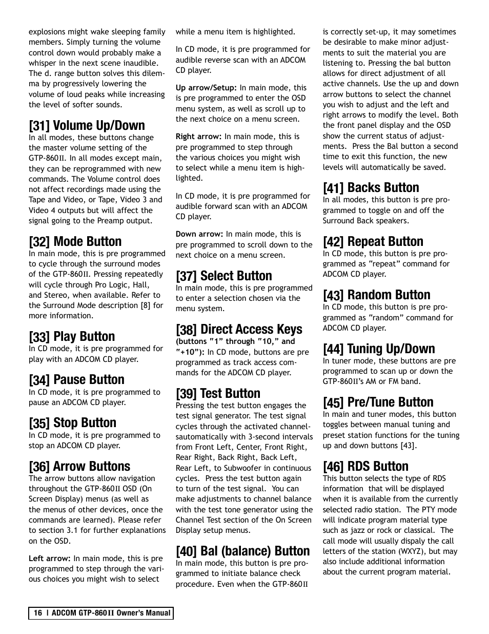 31] volume up/down, 32] mode button, 33] play button | 34] pause button, 35] stop button, 36] arrow buttons, 37] select button, 38] direct access keys, 39] test button, 40] bal (balance) button | Adcom GTP-860II User Manual | Page 16 / 32