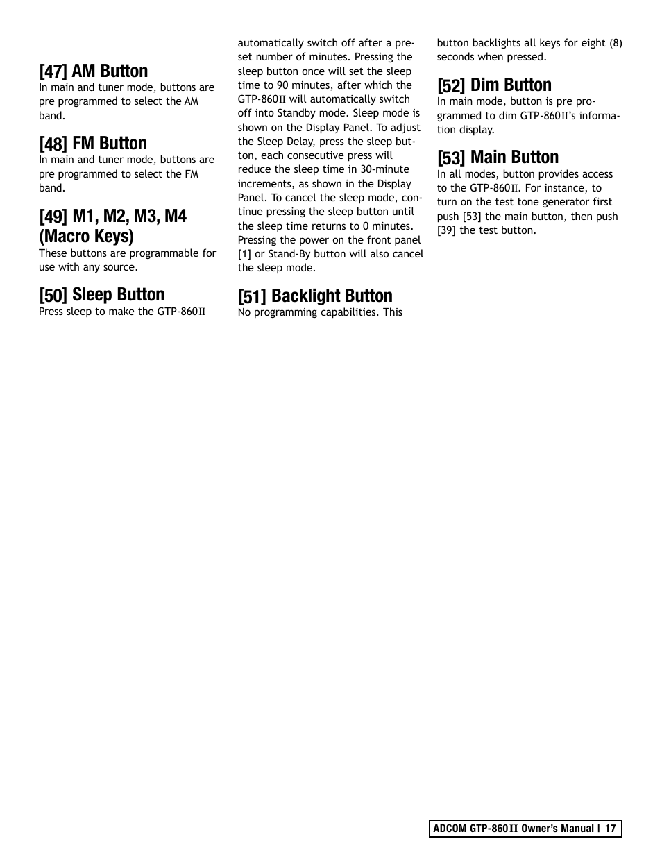 47] am button, 48] fm button, 50] sleep button | 51] backlight button, 52] dim button, 53] main button | Adcom GTP-860II User Manual | Page 17 / 32