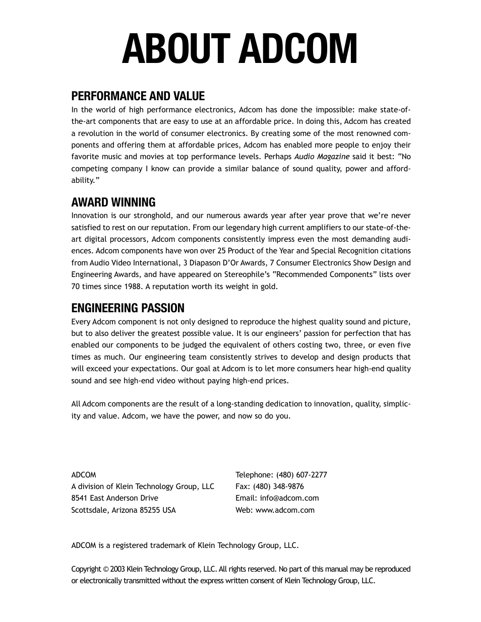About adcom, Performance and value, Award winning | Engineering passion | Adcom GTP-860II User Manual | Page 2 / 32
