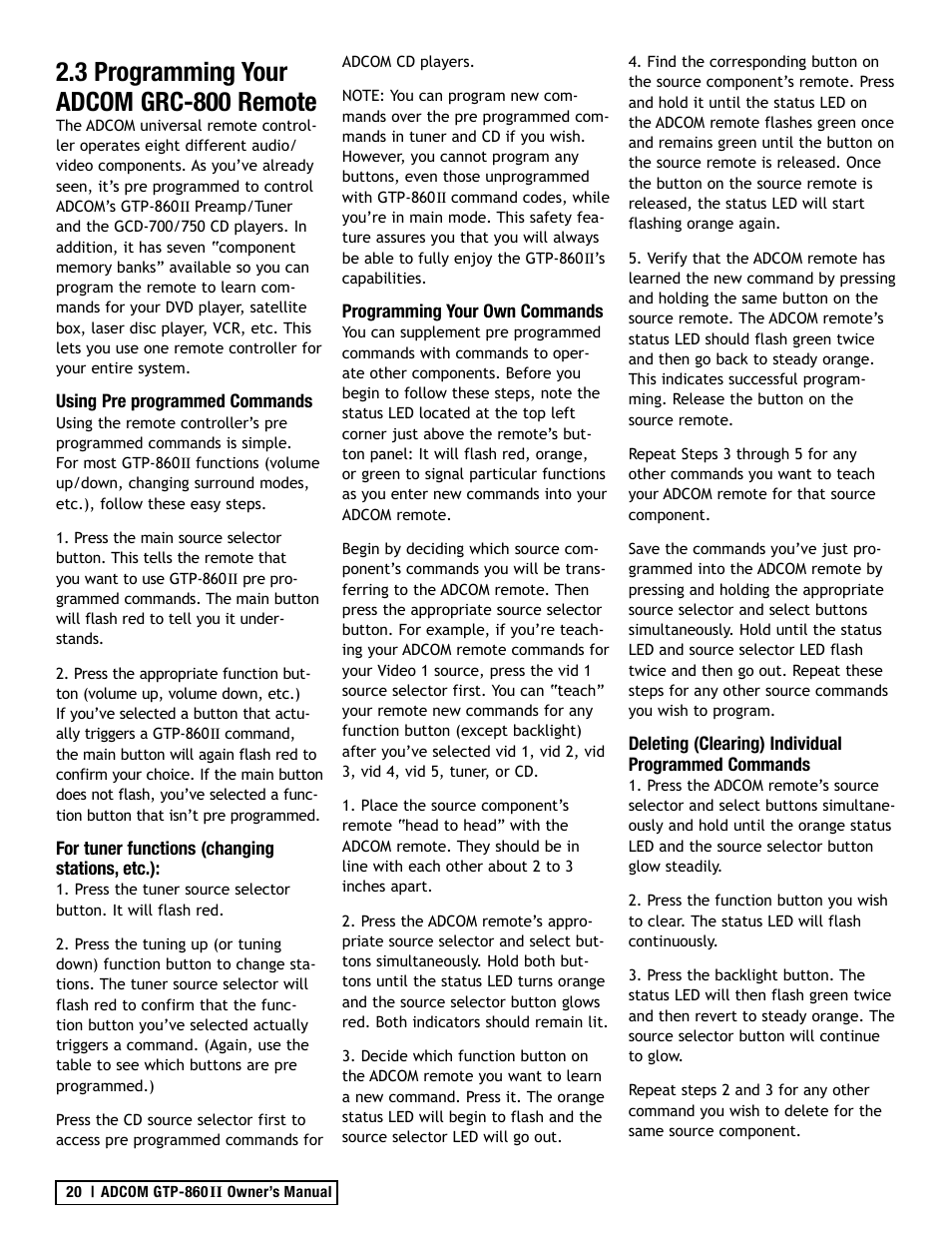 3 programming your adcom grc-800 remote | Adcom GTP-860II User Manual | Page 20 / 32